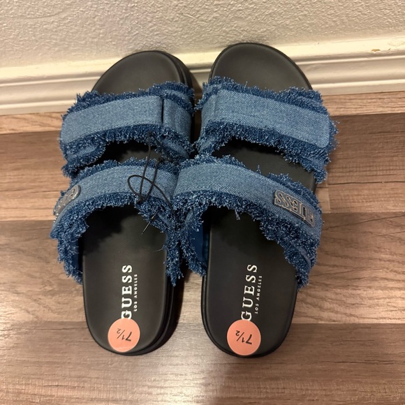 Guess Blue Denim Frayed Slide Sandals - Picture 12 of 13